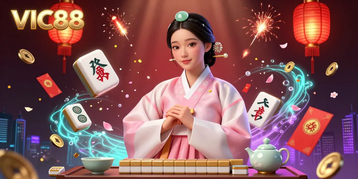 Play and win at VIC88 with stunning games, featuring vibrant mahjong tiles and festive decorations.