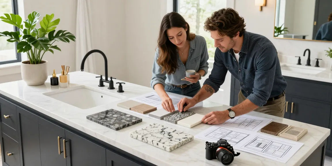 Custom bathroom countertops Hamilton: designer assisting clients with quartz and granite samples in a bright, elegant bathroom.