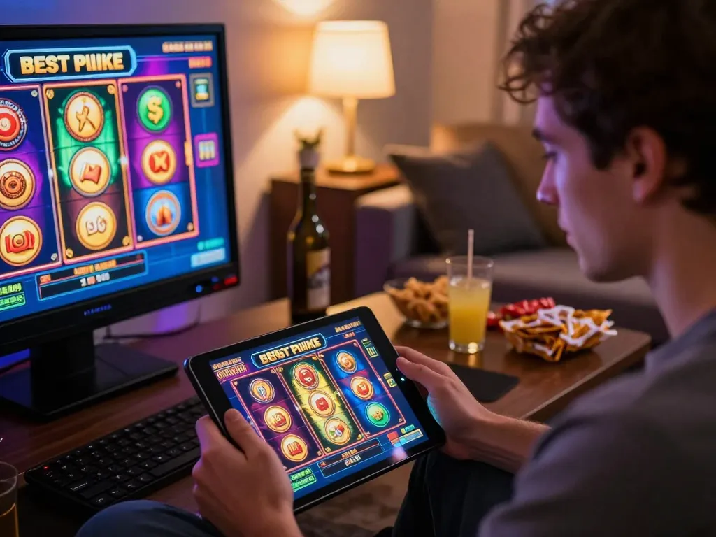 Engaging gameplay featuring the best online pokies on a tablet, showcasing a home gaming environment.