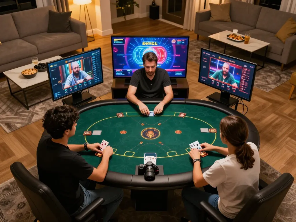 TIP88 players strategizing during an exciting online poker night, screens and snacks enhancing the gaming experience.