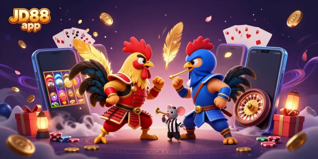 Fighting roosters in the JD88 app's vibrant casino illustration, showcasing dynamic gaming elements.