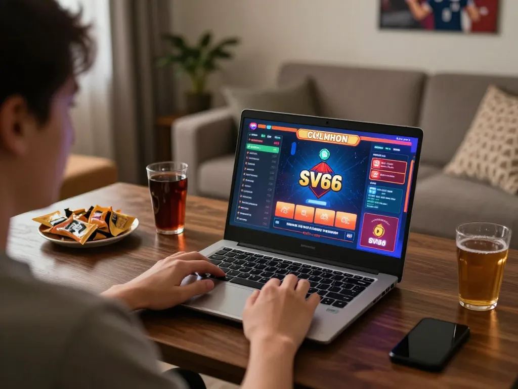 Engaging player enjoying SV66 online casino gaming on a laptop at home with ambient lighting