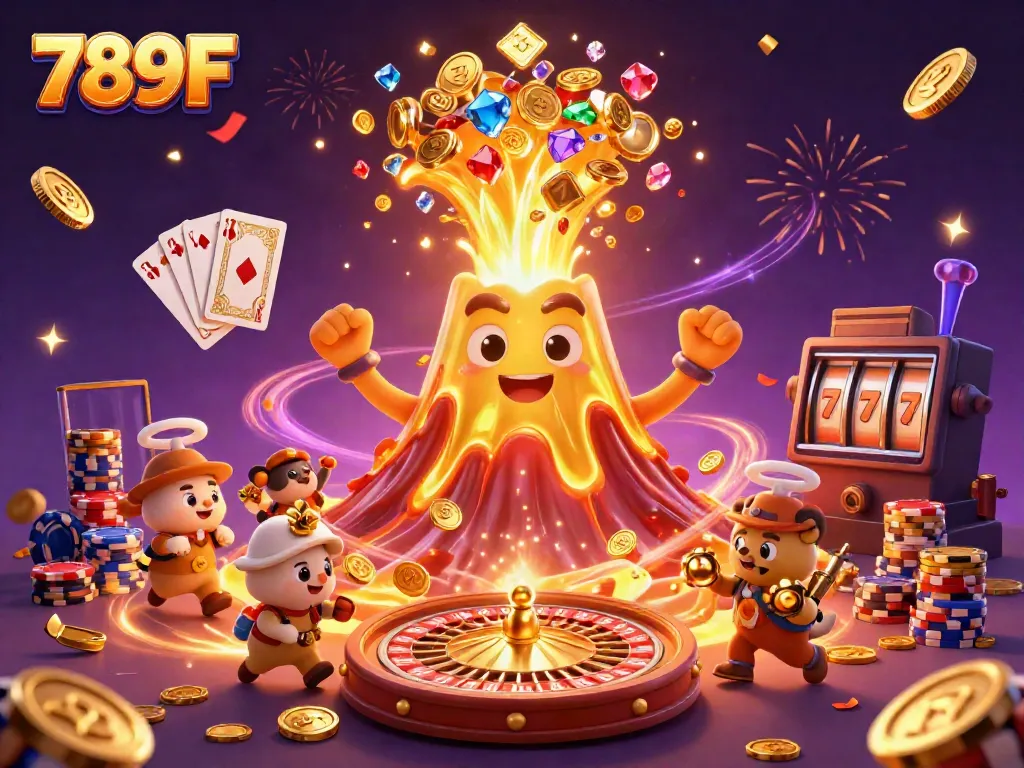 Experience thrilling moments at 789F with gold coins and treasures erupting from a golden volcano.