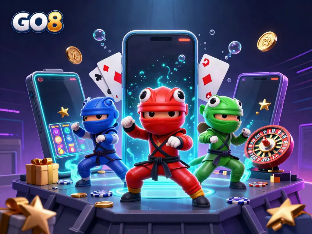 Watch GO8's thrilling chameleon team execute synchronized martial arts atop a vibrant, immersive casino world.