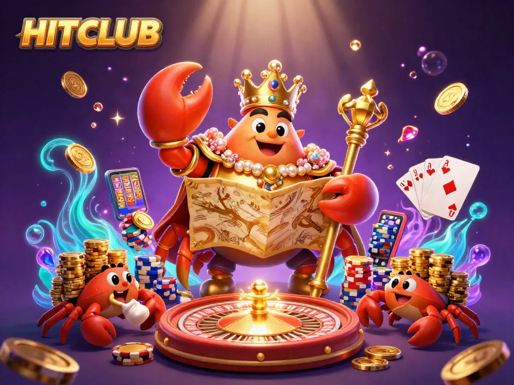 Engage with HITCLUB in this colorful 3D casino scene filled with gold coins and chips.