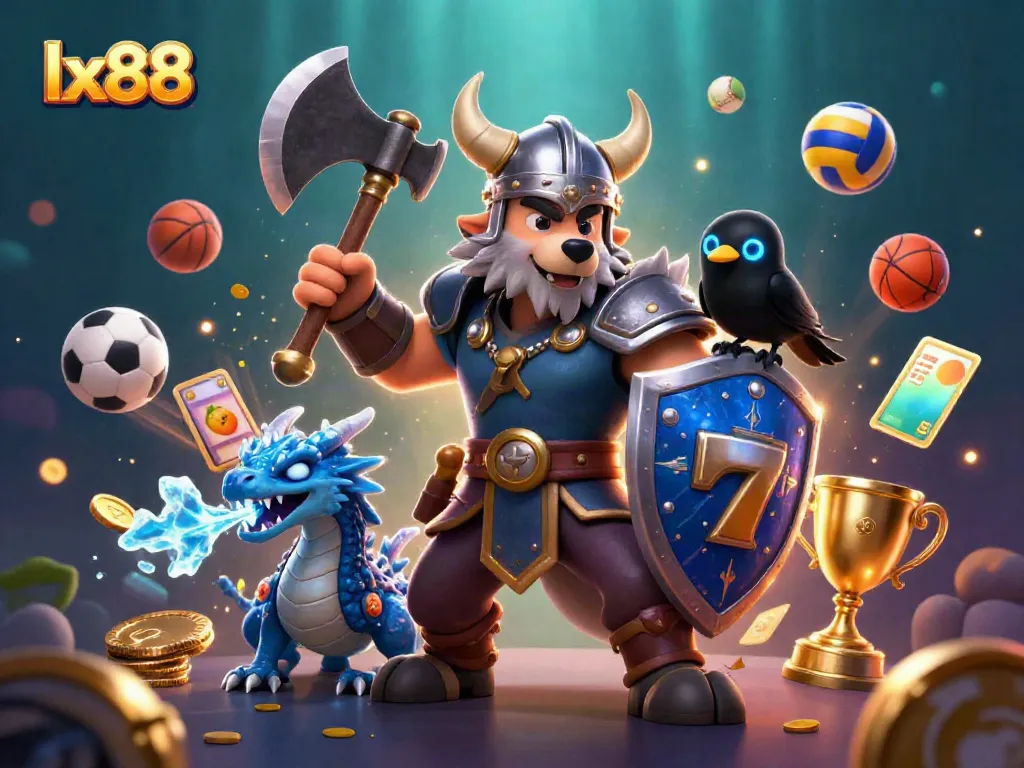Experience thrilling gameplay at lx88 with a Viking warrior, fierce dragon, and dynamic casino elements.