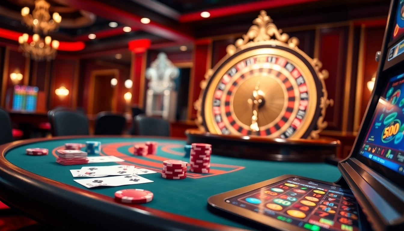 Experience large wins at nohu90 casino with poker chips and a roulette wheel.