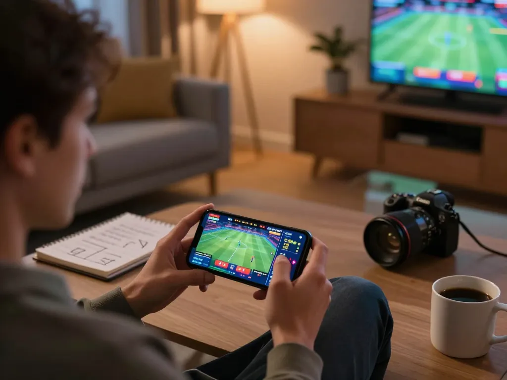 Sports betting on mobile device showcasing Nhà Cái SC88 uy tín in a cozy home environment.