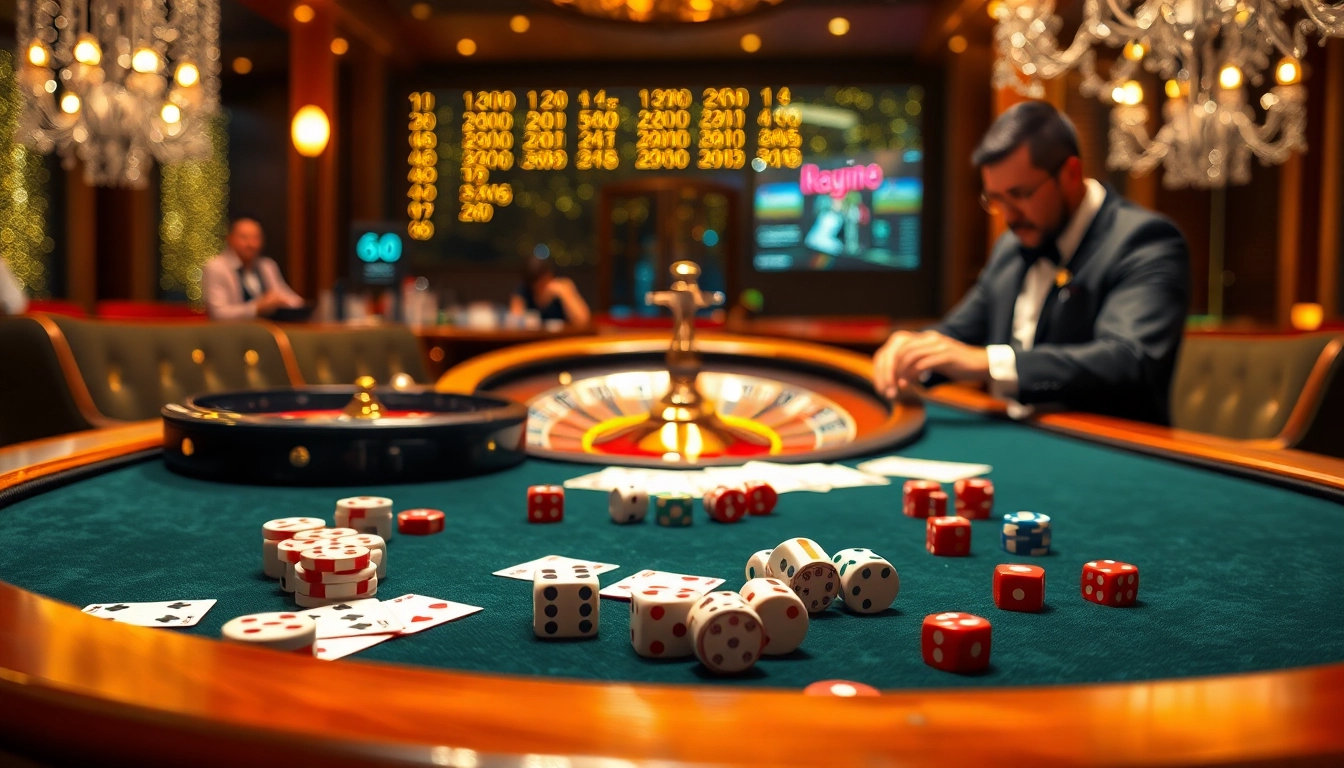 The exciting gaming scene from https://go8.ae.org/ showcases poker chips, dice, and a roulette wheel in a luxurious casino atmosphere.