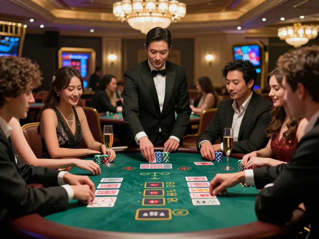 Players enjoying intense blackjack strategy at NHÀ CÁI VUA88's upscale casino table