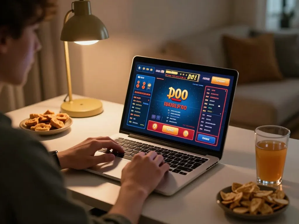 Player enjoying online casino games on their laptop, capturing the essence of okfunb gaming experience in a cozy setting.