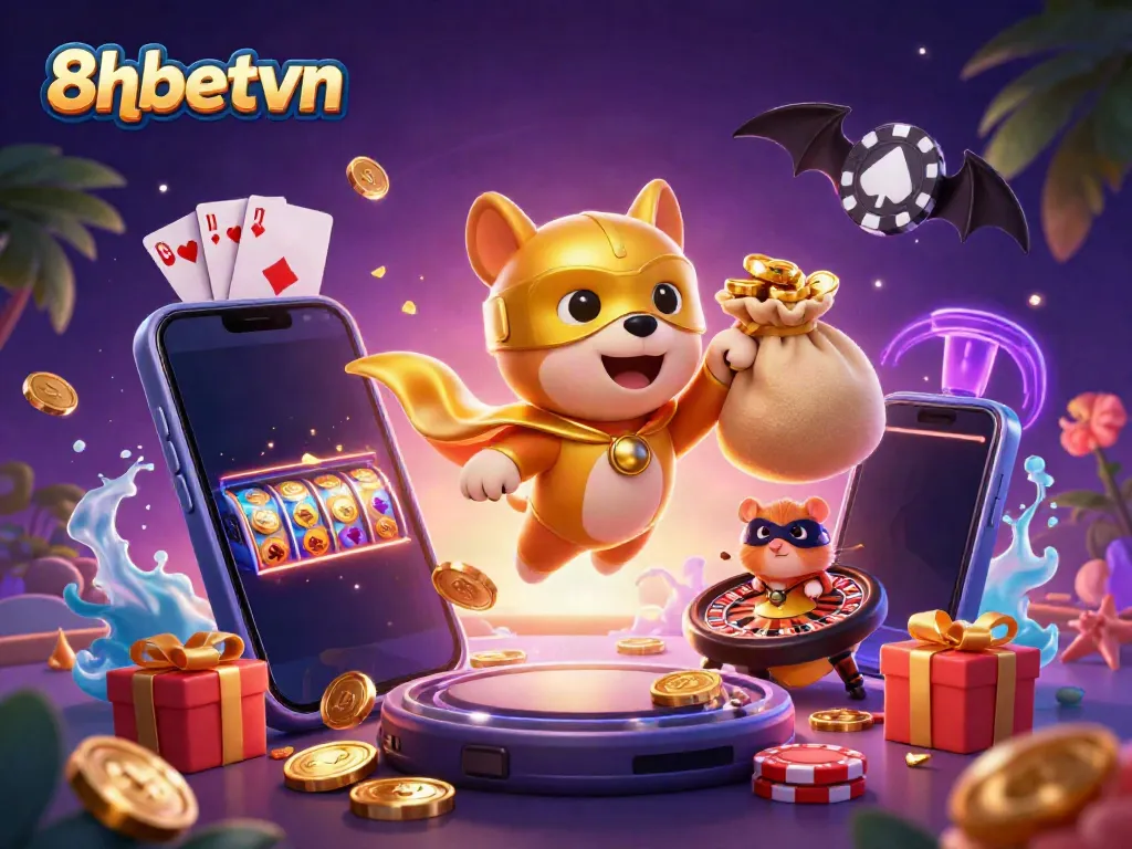 Experience exciting gaming adventures at 8xbetvn with a superhero dog carrying gold coins!