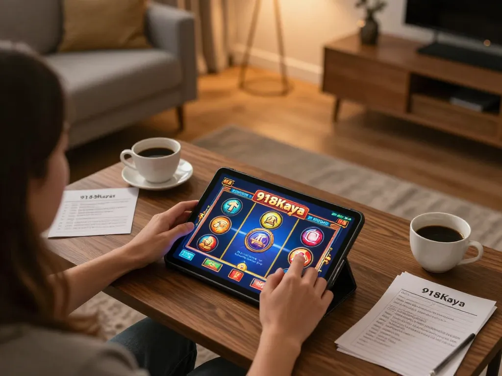 Engaging scene showing download options for 918Kaya slots on a tablet during a cozy home gaming session