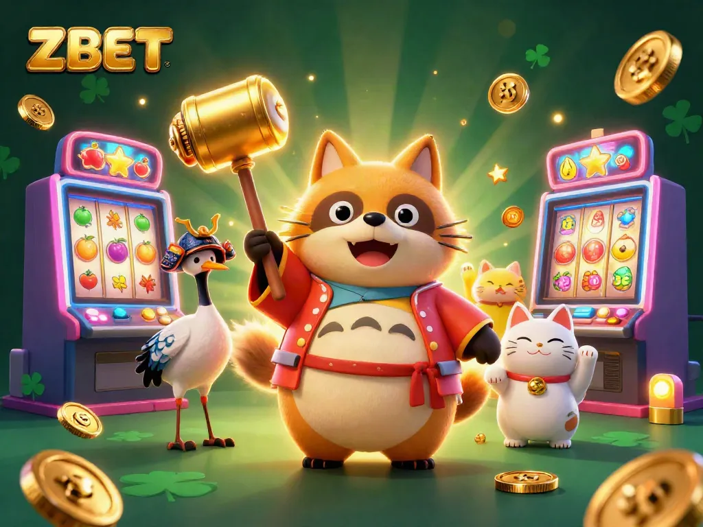 ZBET showcases festive tanuki and crane amid vibrant slot machines in an exciting online casino scene.