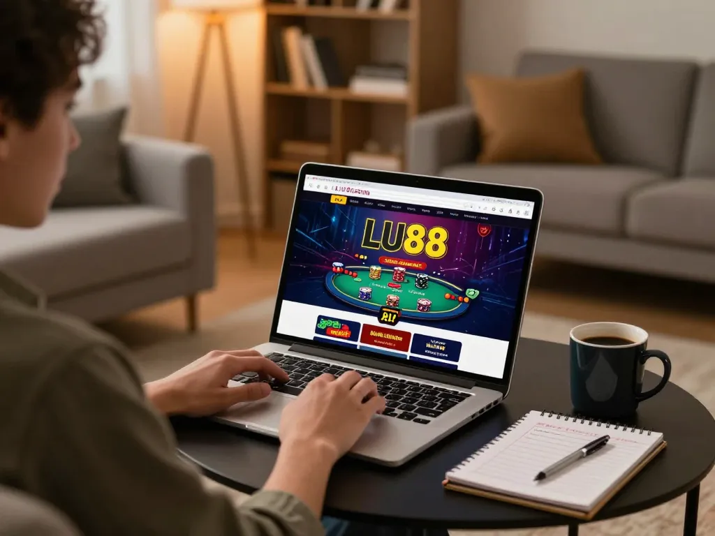 Player enjoying LU88 online casino game on laptop in a cozy living room setting.