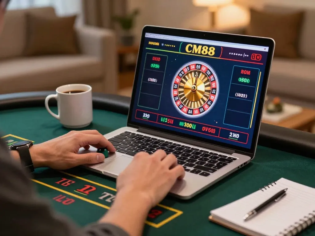 Player engaging with cm88 online casino roulette game on laptop in a comfortable setting.