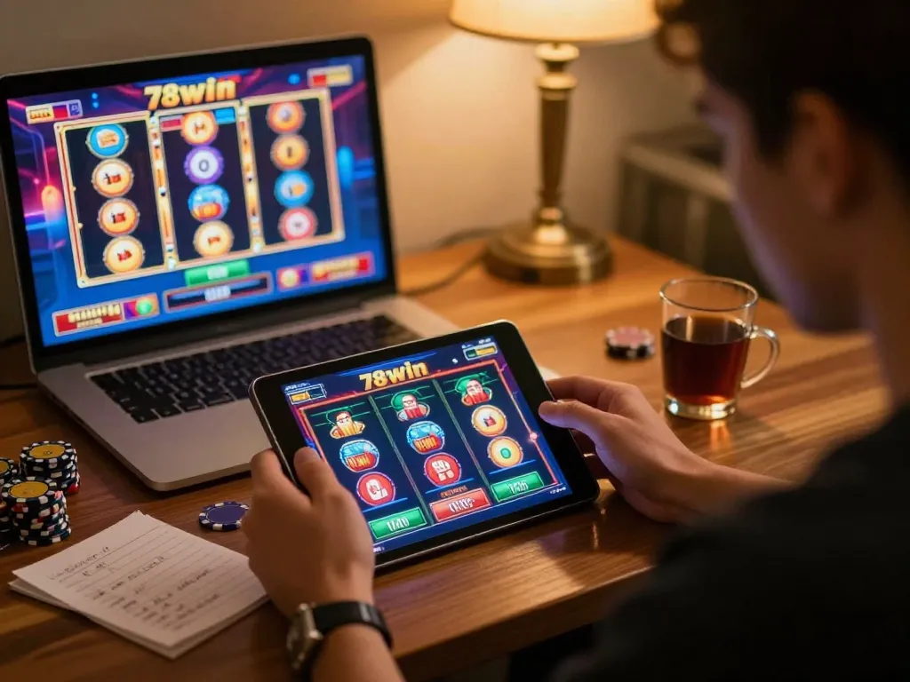 Engaging user playing on 78win casino app, vibrant slot interface visible.