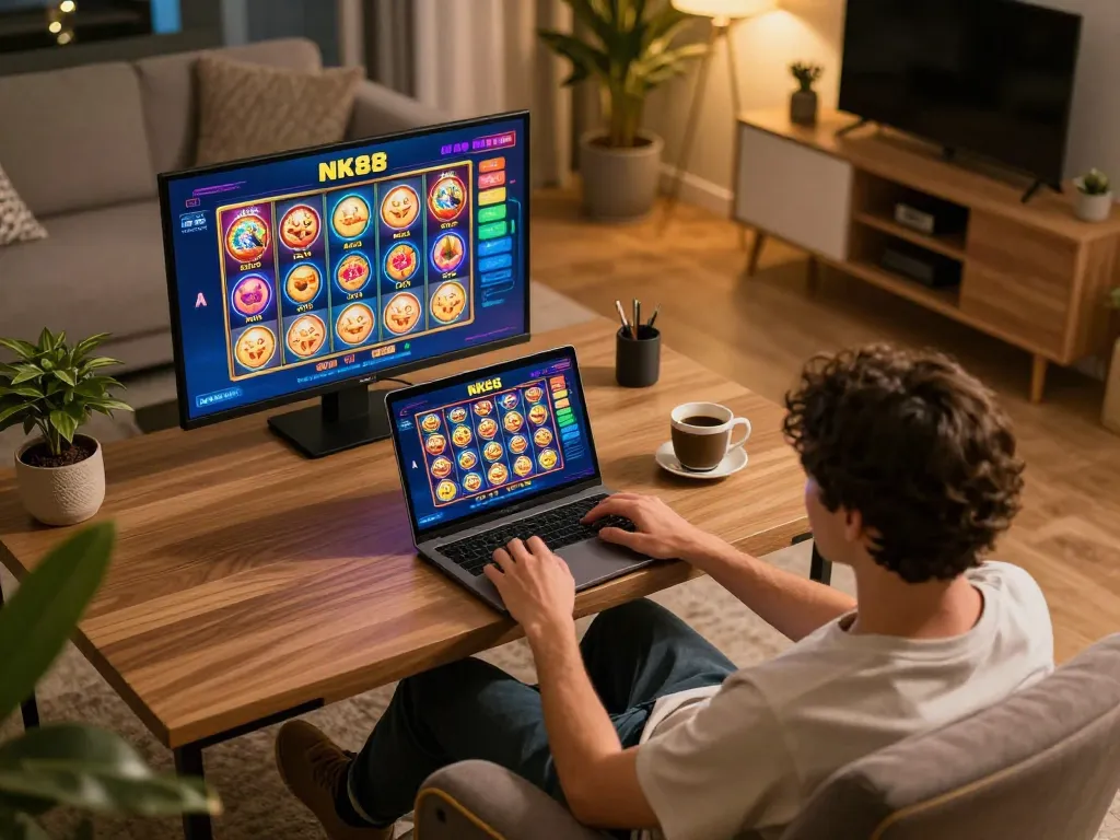 Navigating NK88 online roulette on a laptop in a cozy home setting