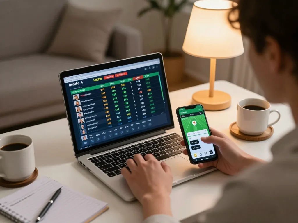 Person engaging in sports betting on 678vip with live odds displayed on laptop, creating a strategic gaming atmosphere.