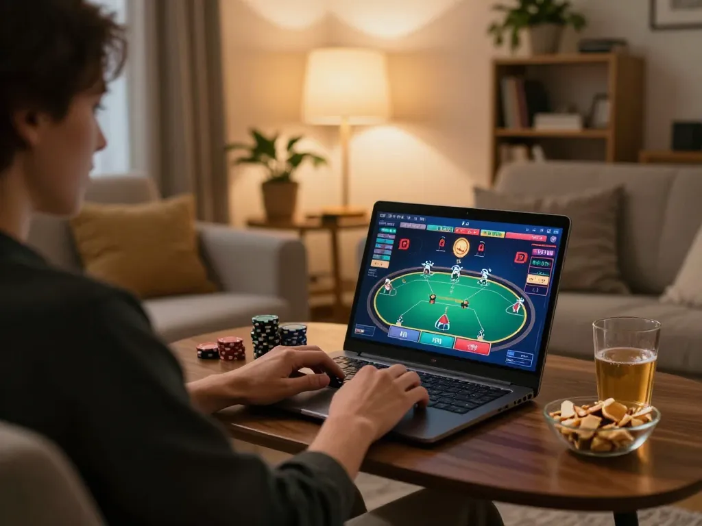 Engaging in online poker gameplay with fly88 on computer, cozy living room atmosphere, and strategic notes.
