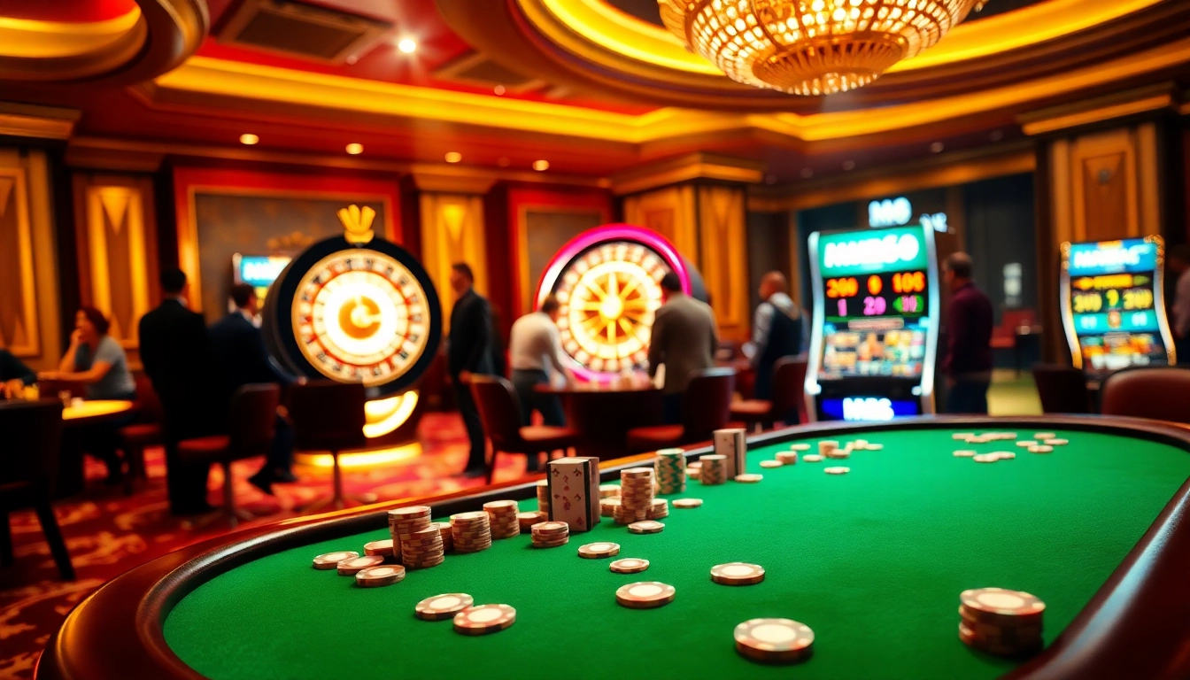 Experience the thrill of high-stakes poker at Mm88 casino with colorful chips and a spinning roulette wheel.