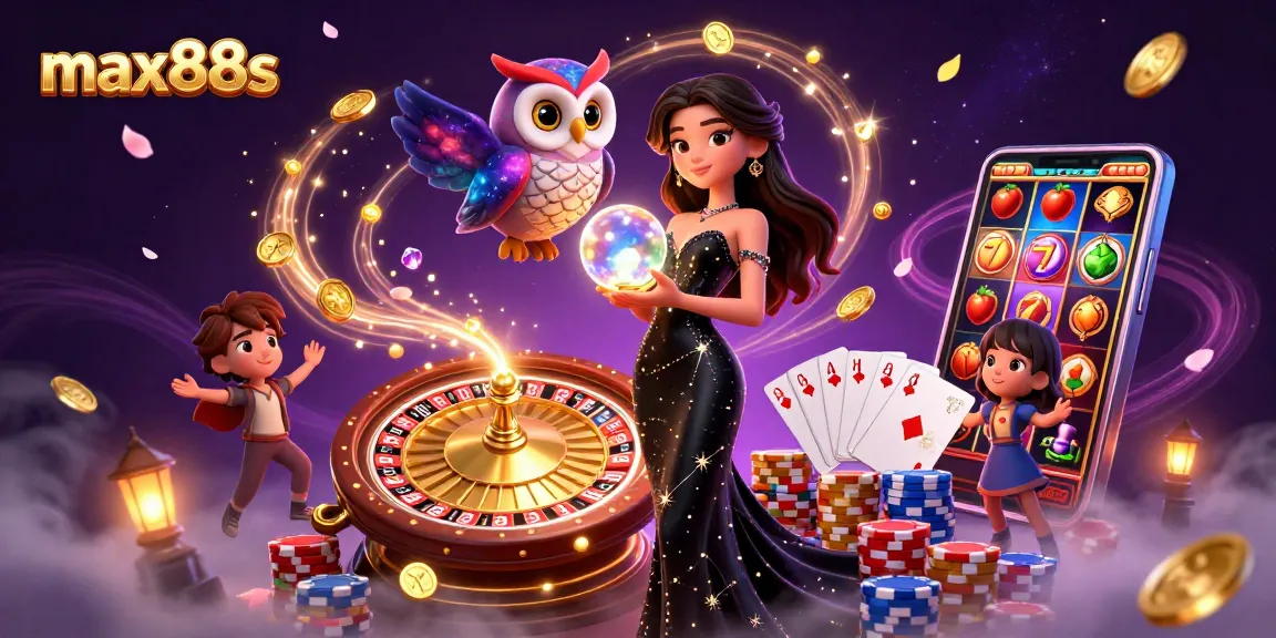 Experience the dynamic casino adventure with max88s featuring vibrant slot reels, golden coins, and a mystical ambiance.