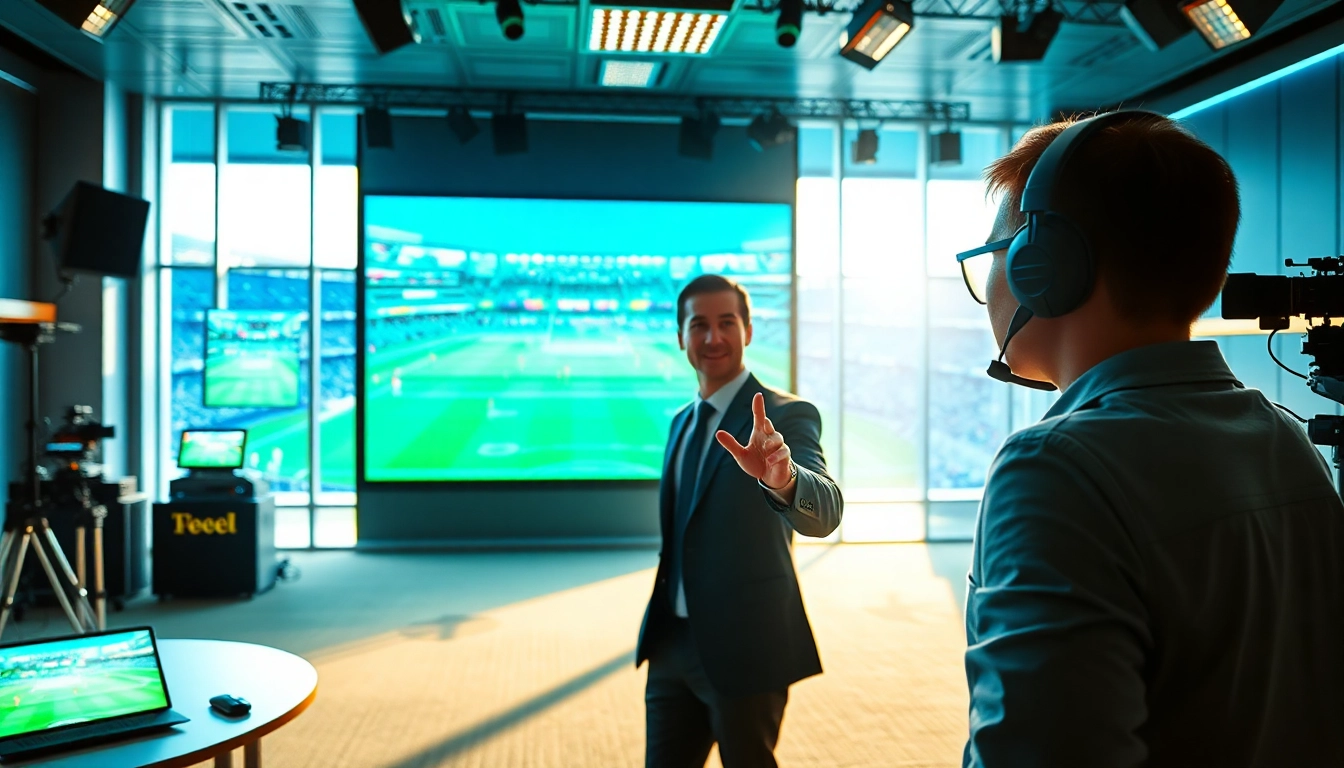 Engaging sports broadcasting presenter in a vibrant studio setting during a live event.