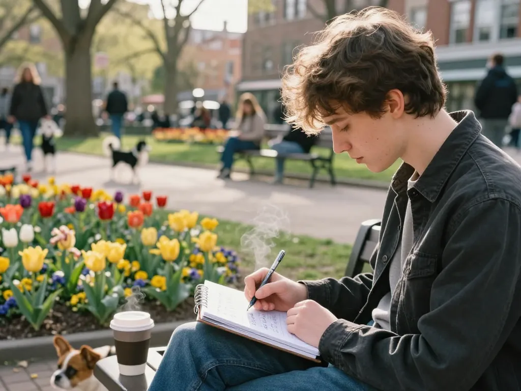 Writing notes about crush on someone in a sunny park setting.