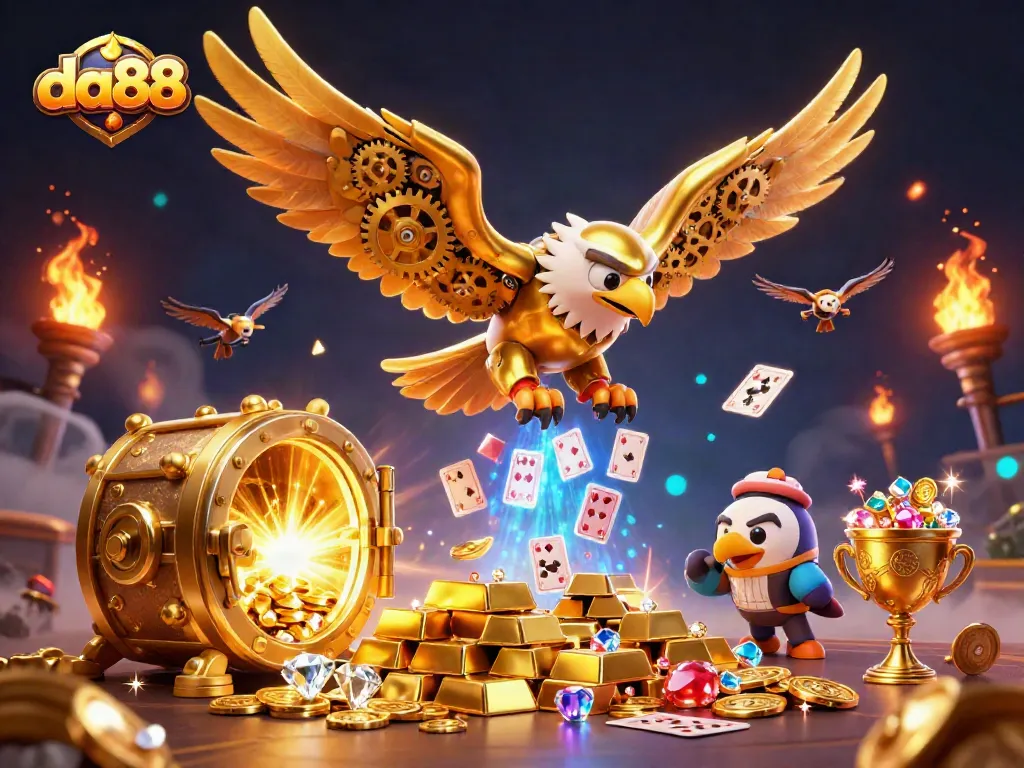 Experience the thrill of da88 with a golden eagle soaring through a cascade of winning gambling elements.