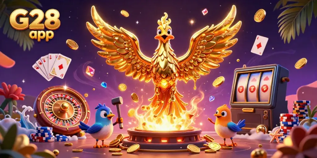 Spin and win with the G28 app in this vibrant casino scene filled with a golden phoenix and coins.