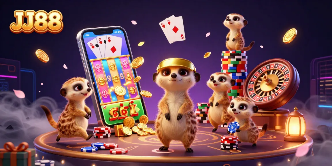 JJ88 meerkats managing a vibrant casino, featuring dynamic gaming elements and intricate details.