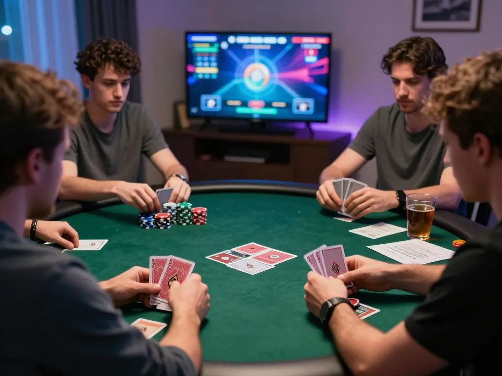 rokok88 players strategizing in a thrilling online poker game, showcasing chips and cards in action.