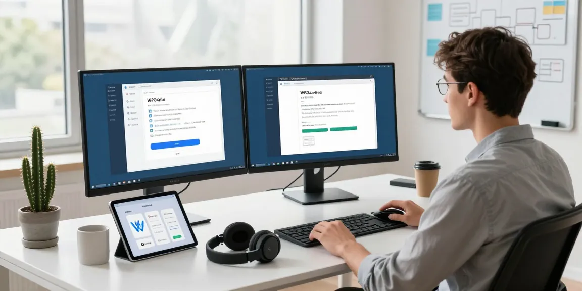 Efficient workspace with WPS Download interface on dual monitors, showcasing productivity tools.