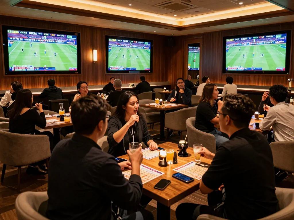 Engaging in sports betting lounge showcasing tỷ lệ kèo nhà cái and live match excitement