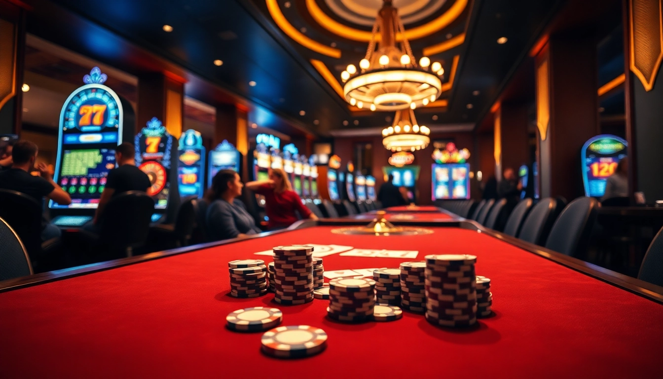 Exciting casino scene featuring 79KING poker table with vibrant chips and cards.