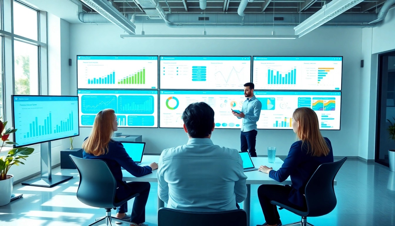 Utilizing production planning software in a modern team setting with analytics on screens.