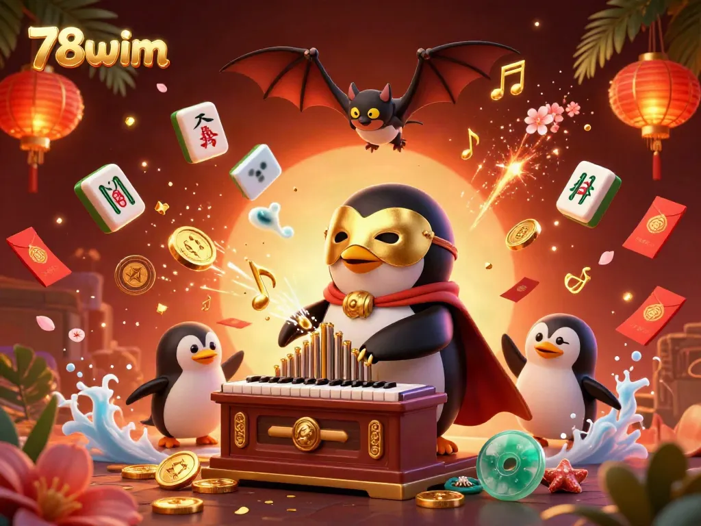 Engaging 3D scene with 78wim logo, illustrating a penguin casino character playing an organ shooting coins, surrounded by festive decorations.