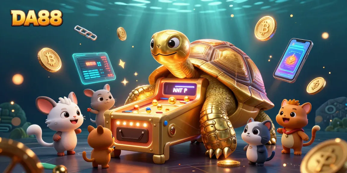Play vibrant games at DA88 with a golden tortoise pinball machine amidst floating cryptocurrency elements.