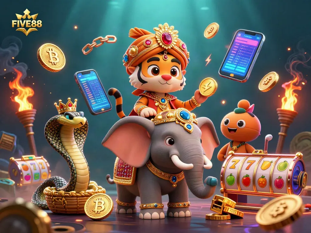 Experience the excitement of gambling with FIVE88, showcasing a vibrant casino illustration.