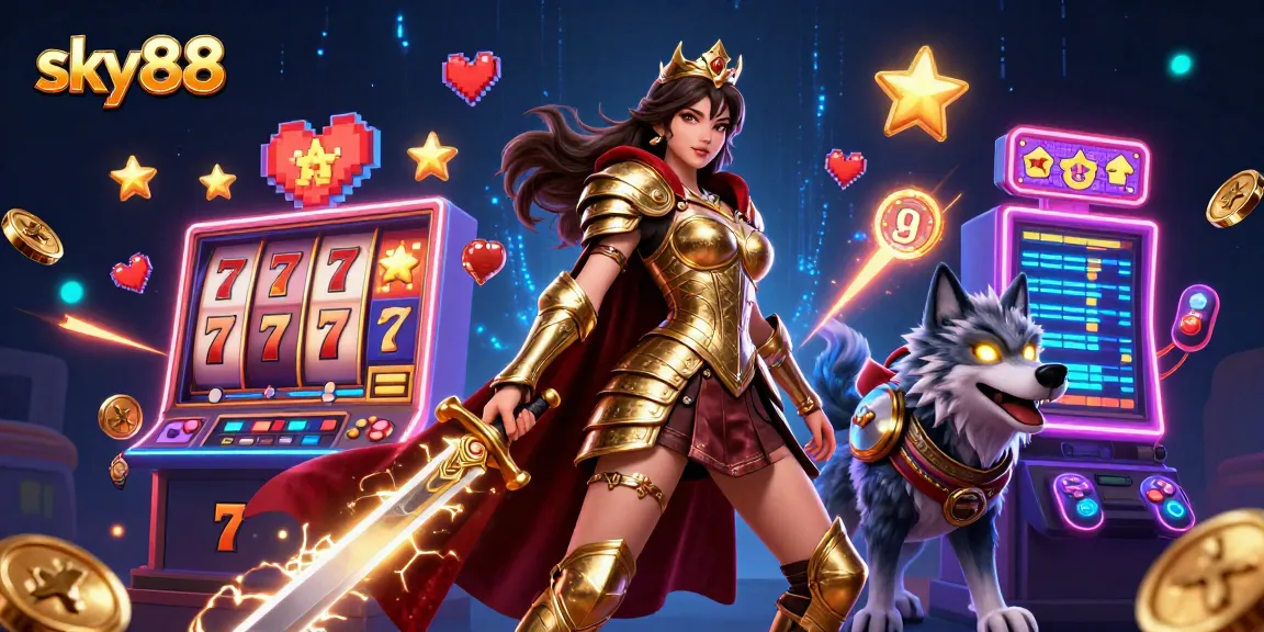 Experience thrilling gaming with sky88 featuring a warrior queen and arcade slot machines.
