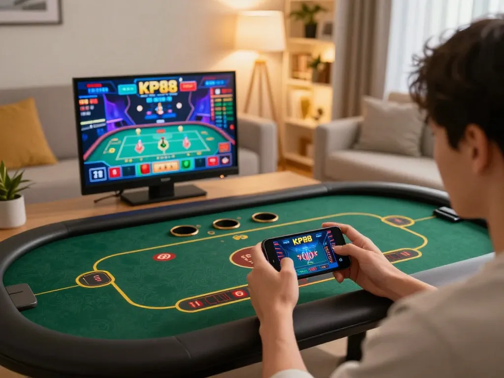 Engaged player using KP88 mobile app for an exciting gambling experience at home.