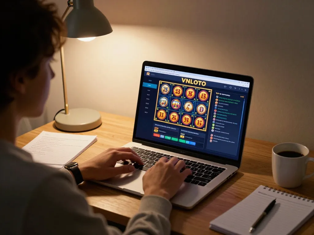 Engaging home gaming scene with a player enjoying VNLOTO casino slots on laptop, promoting responsible gaming.