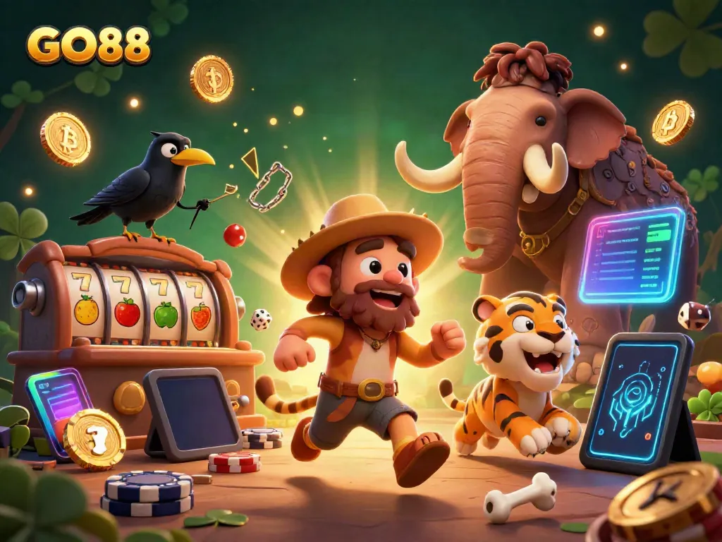 GO88 immersive prehistoric casino scene featuring unique caveman characters and vibrant slot elements