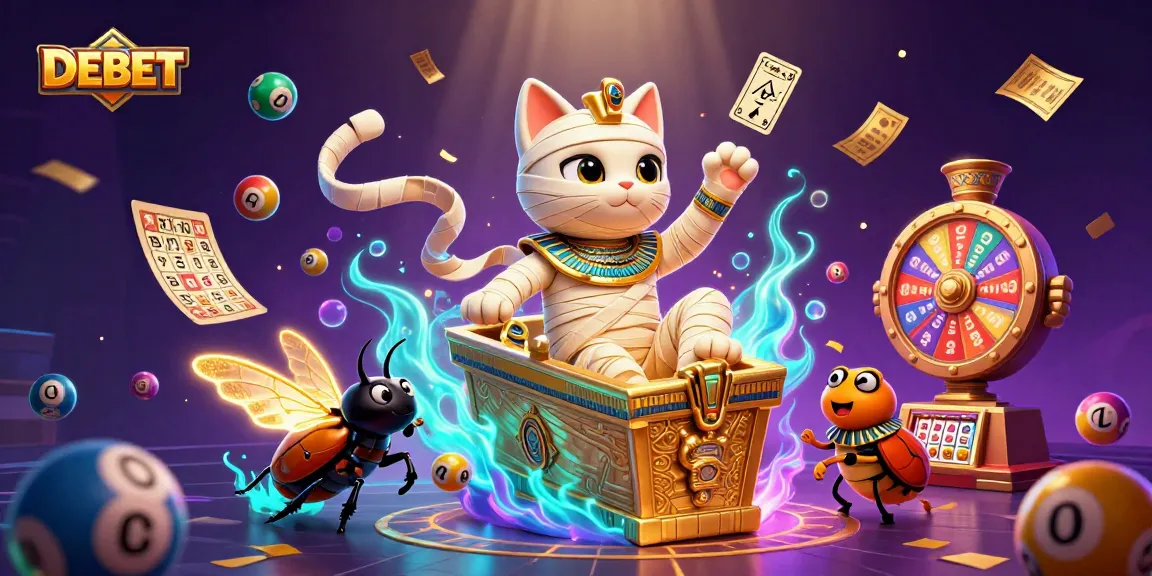 Engage with DEBET's thrilling pyramid casino adventure featuring vibrant casino elements and characters.
