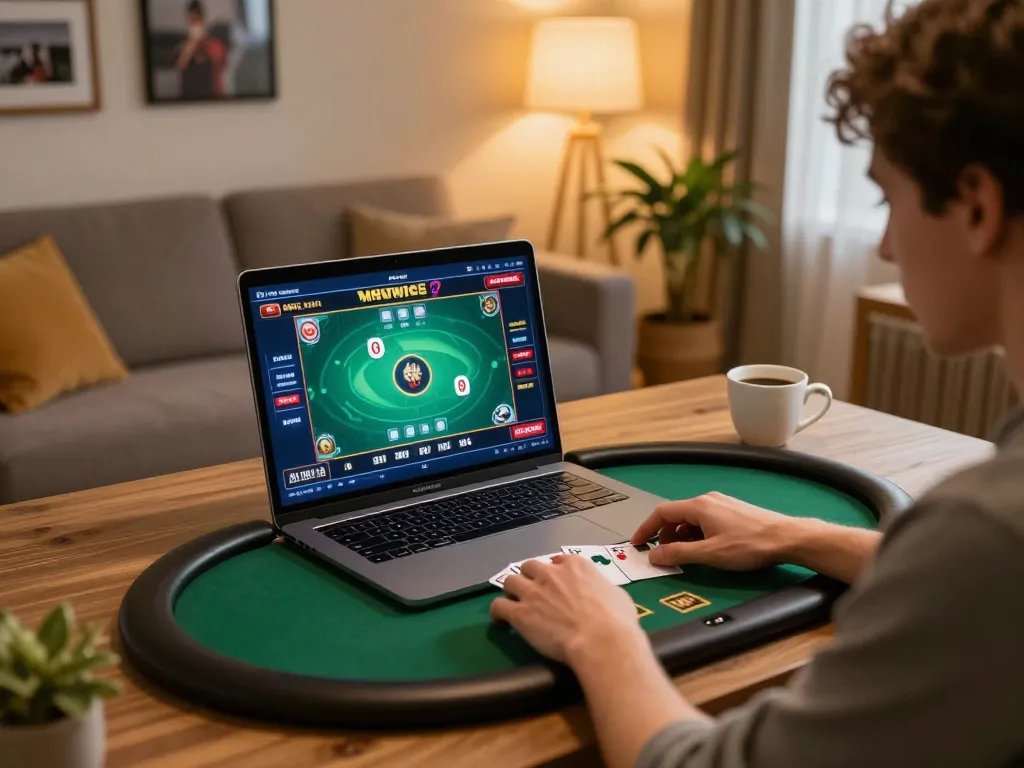 Player immerses in 98WIN poker game on laptop in a cozy home setup.