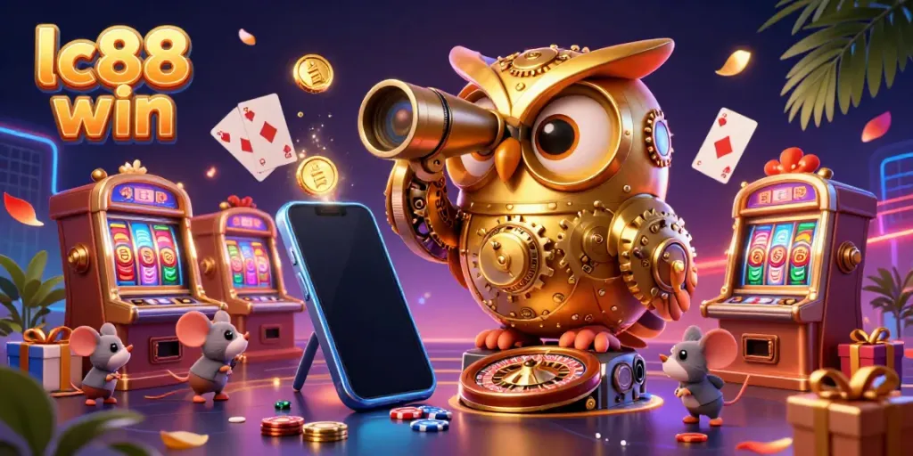 Experience excitement at lc88 win with a golden owl overseeing a vibrant casino, players and games abound.