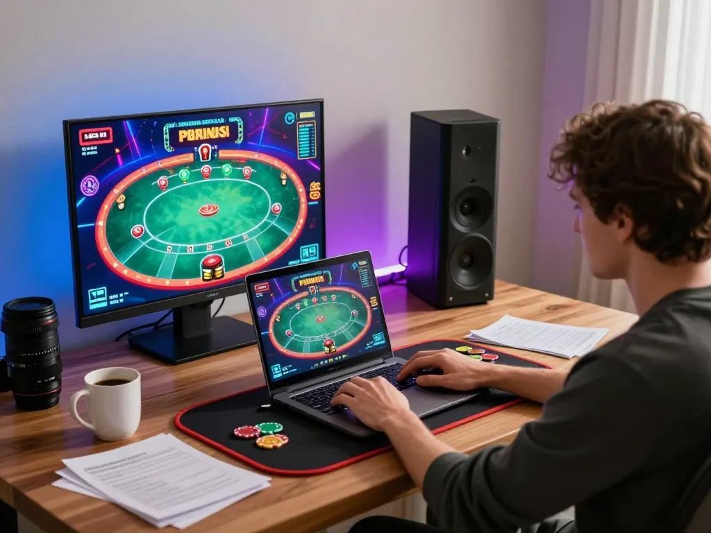 Enjoying online gaming at 789Club with interactive poker on laptop amidst cozy home workspace