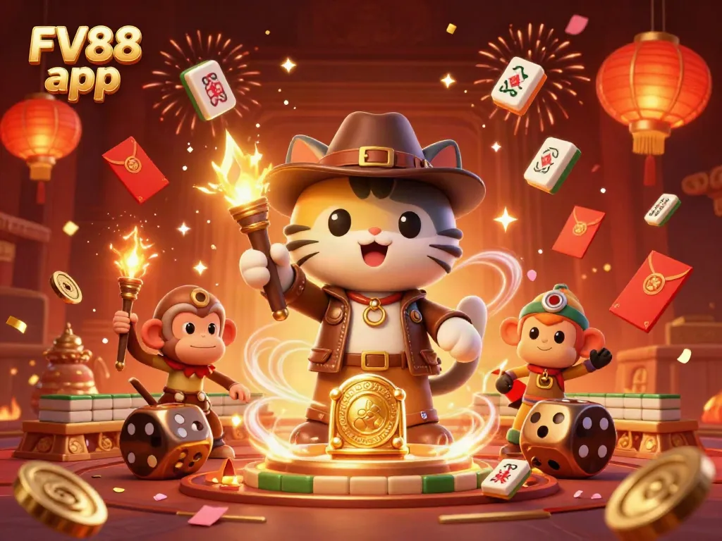 Discover thrilling gameplay experiences with FV88 app illustrated through 3D characters amidst dynamic casino-themed elements.