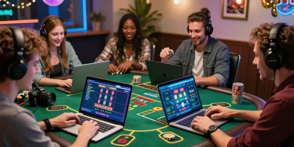 Friends celebrating while playing fc88 live casino games online together.