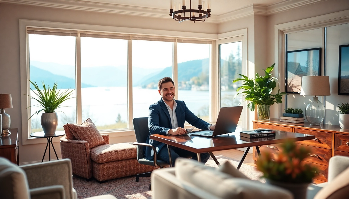 Kelowna realtor engaging with clients in a modern home office with lake views.